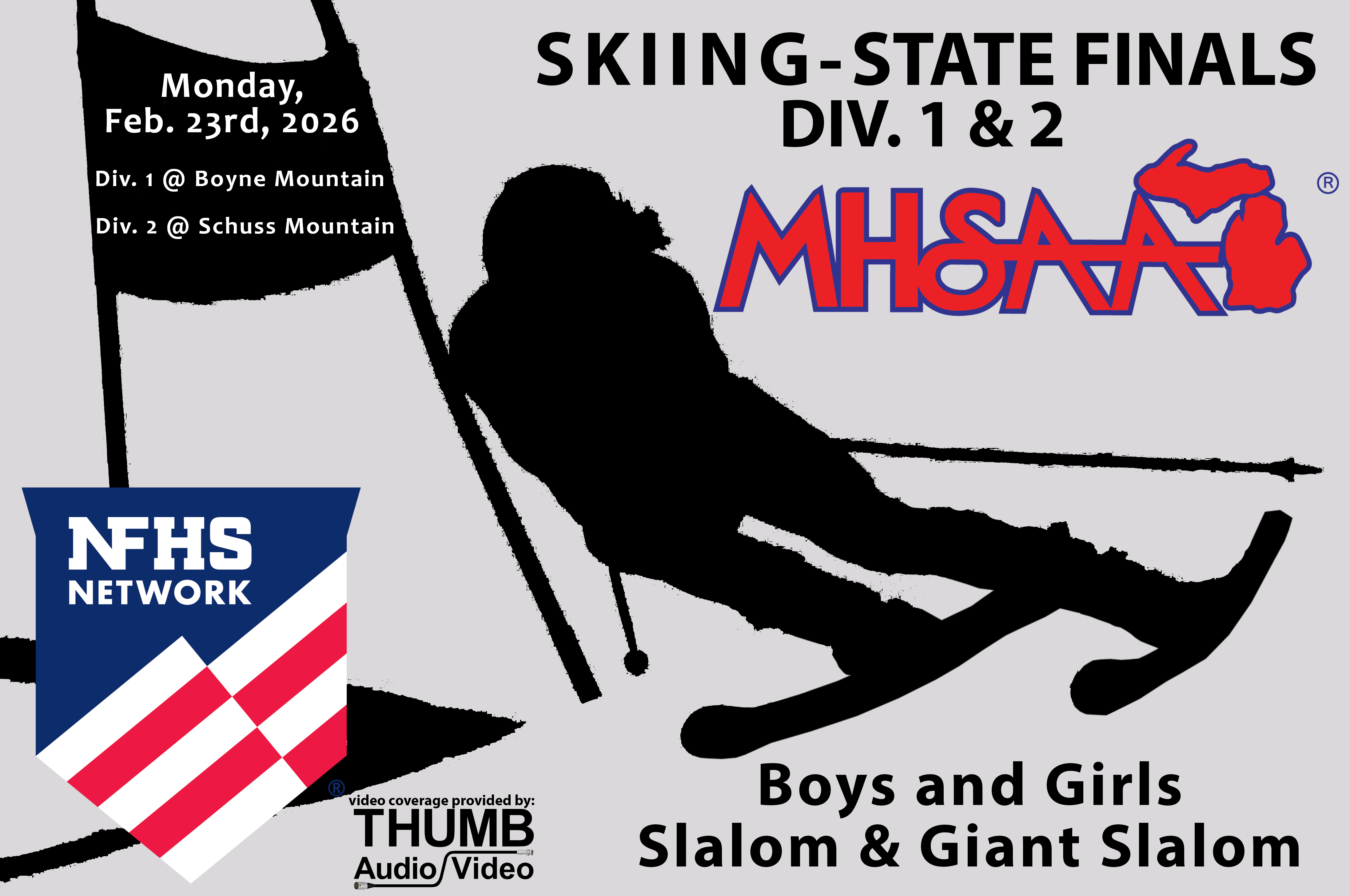 2026 MHSAA Skiing State Finals banner - Div. 1 and Div. 2